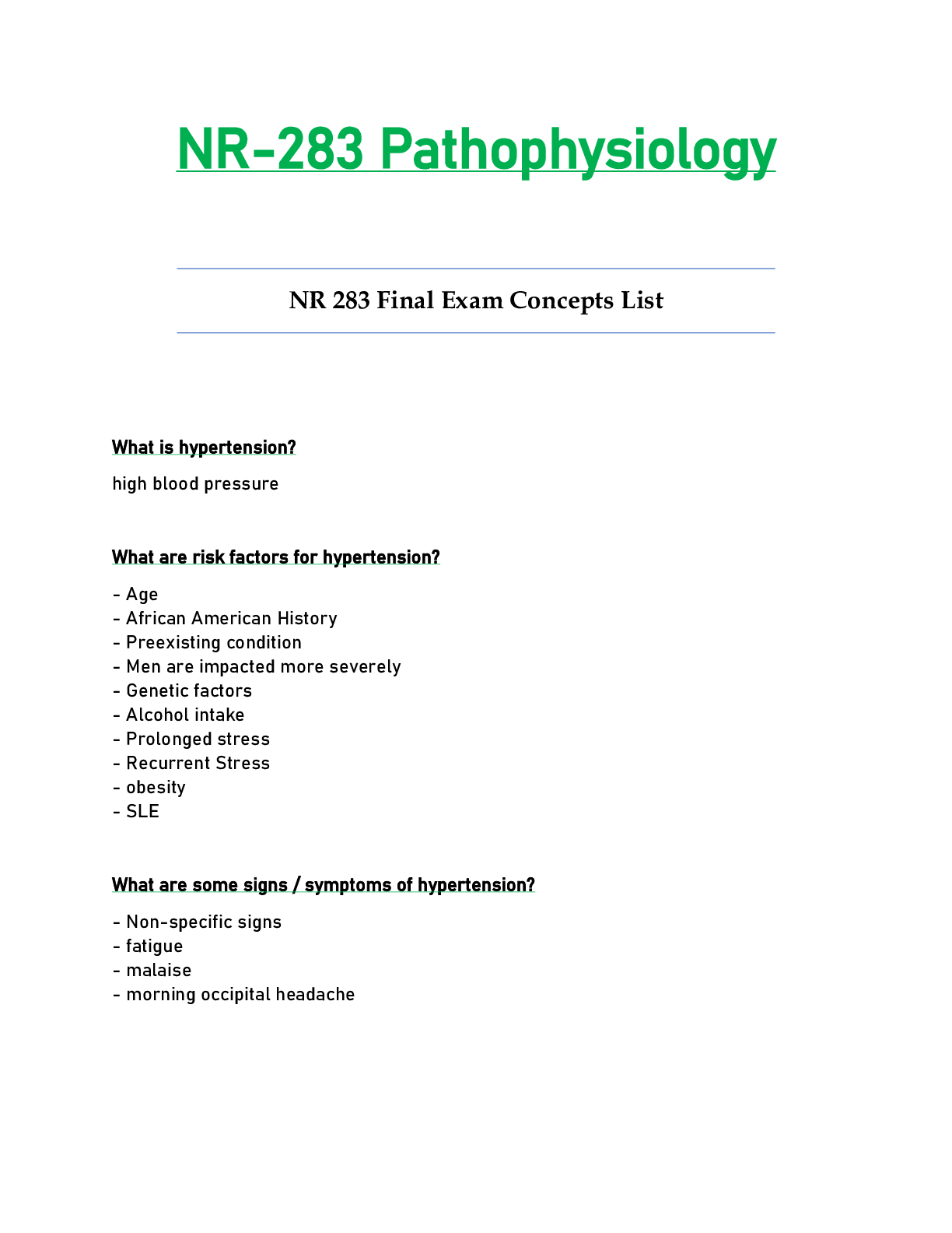 Preview of NR 283 / NR283 Final Exam Concepts List Updated: Pathophysiology - Chamberlain